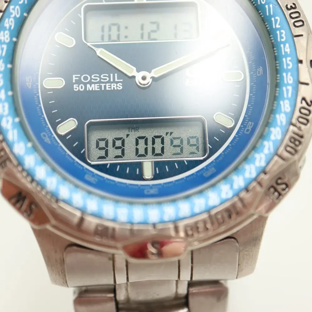Vintage Fossil Blue Ana Digi 43mm Watch Alarm Chrono Timer Backlight AM3199